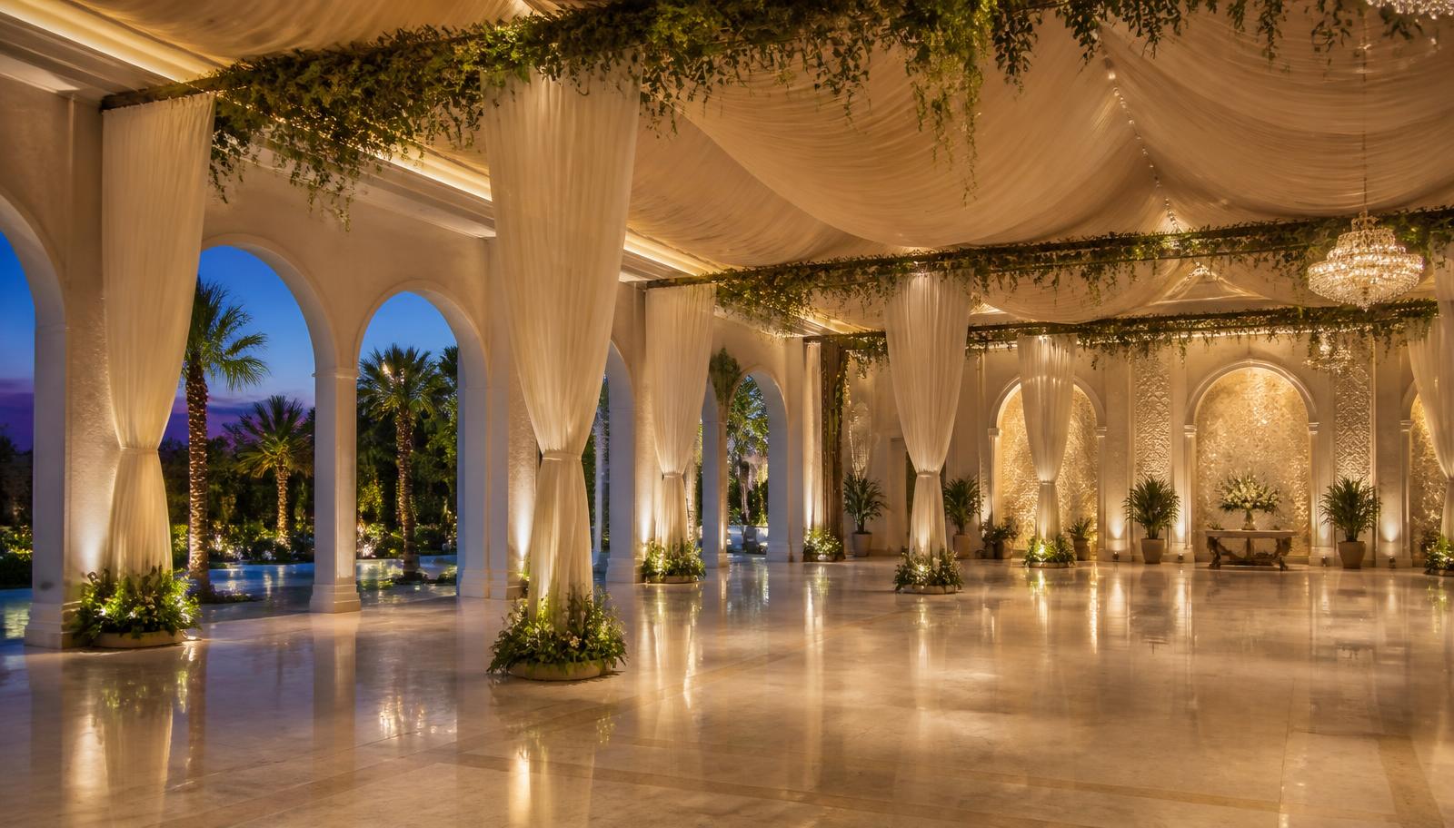 Venue walimah kosong yang tenang dengan pencahayaan hangat