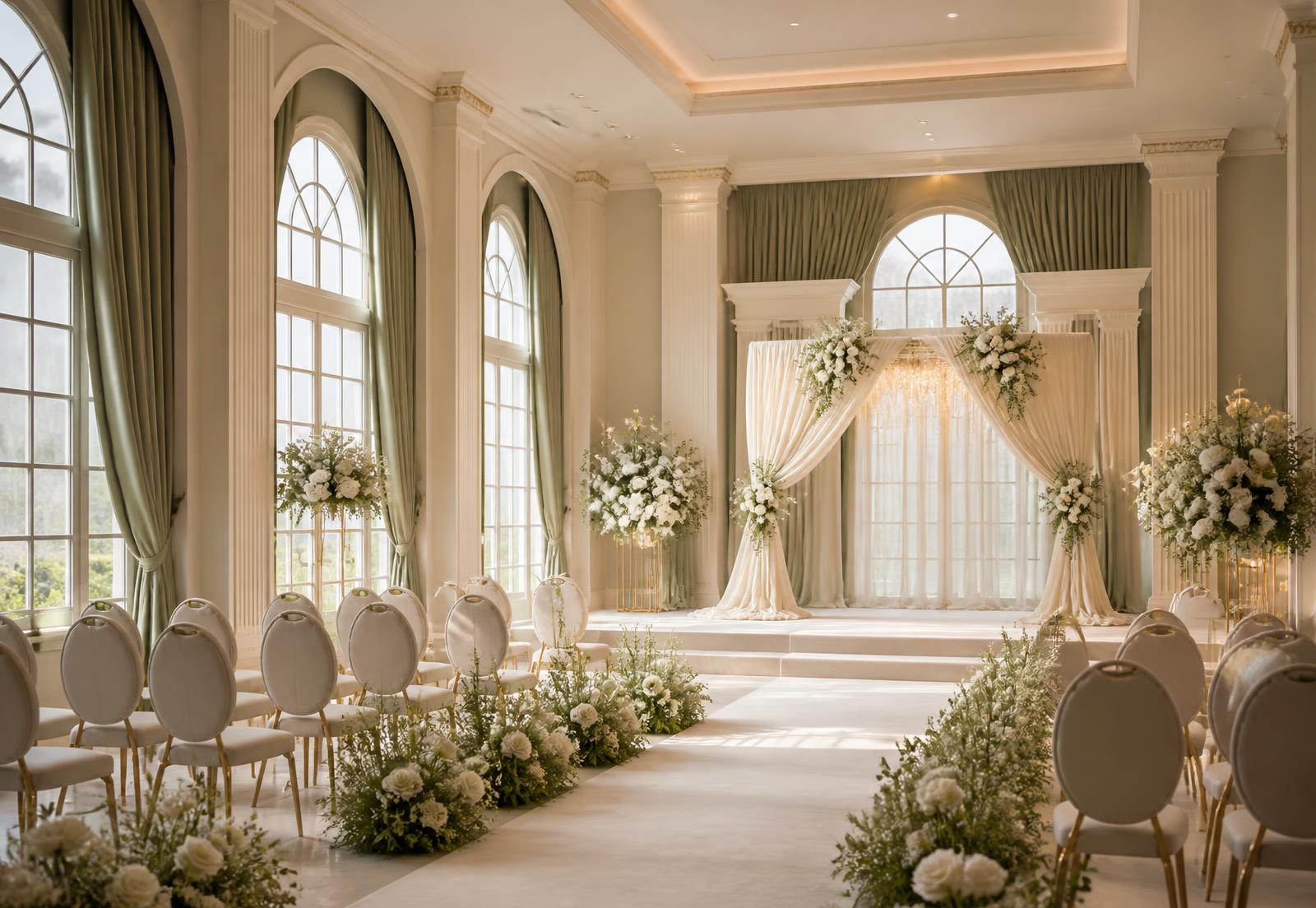 Interior venue wedding elegan dengan area akad dan dekorasi floral putih